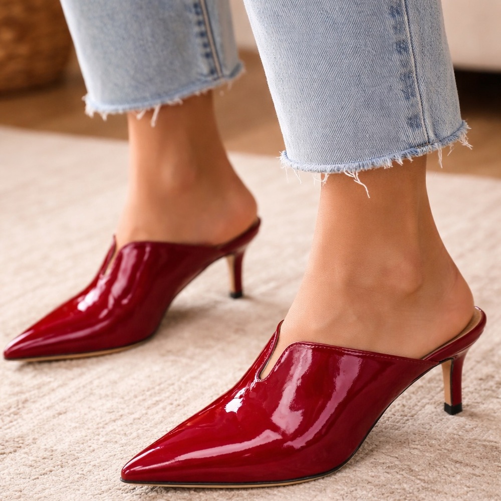 Napoleoni Red Patent Leather Mules Pointed Toe Kitten Heel Size 39 Made in Italy - Picture 2 of 14